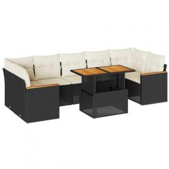 vidaXL 7 Piece Garden Sofa Set with Cushions Black Poly Rattan Acacia