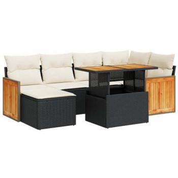8-Piece Black Poly Rattan Garden Sofa Set with Cushions and Acacia Wood Accents