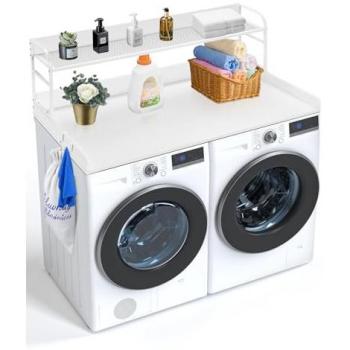 Vevor 2-Tier Washer Dryer Countertop with Anti-Slip Pads, Wooden Surface for Laundry Organization and Storage, White, 54 x 27