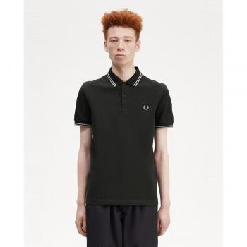 Fred Perry Men's Short Sleeve Polo Shirt with Two Stripe Trim in Green, Size S