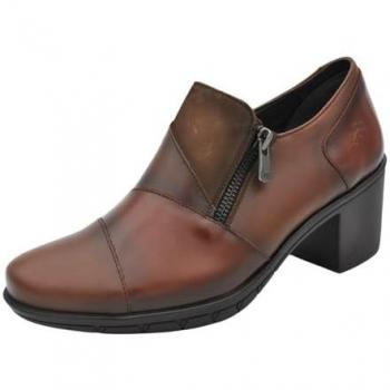 Zapatos Fluchos para mujer en piel marrón con adorno, abotinados, tacón ancho de 6 cm, cremallera, talla 36