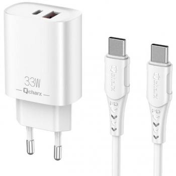 Cargador Qcharx Eros 33W 3A con 2 Puertos USB Tipo C y 1 Puerto USB Tipo A + Cable Tipo C Blanco