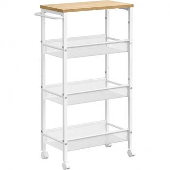 Carro de cocina estrecho de 4 niveles con ruedas, marco de acero, para baño, salón y estudio, disponible en marrón rústico o blanco y roble, dimensiones 22x45,5x77 cm