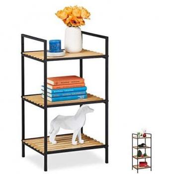 Estantería de pie abierta de 3 niveles en Bambú y Metal, 71x39x32,5 cm, Marrón y Negro - Relaxdays