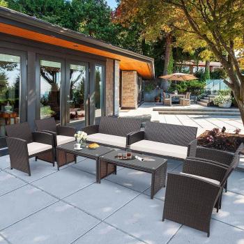 8-Piece Rattan Patio Furniture Set with Cushions - Includes Chairs, Sofa, and Coffee Table in White/Brown