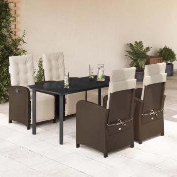 5-Piece Brown Poly Rattan Garden Dining Set with Cushions