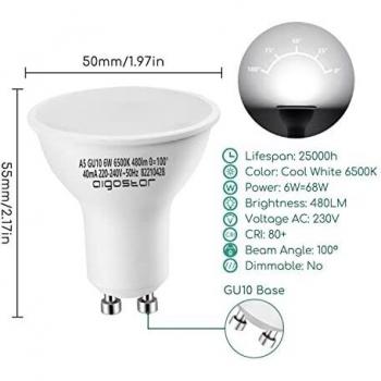 Aigostar Bombilla LED 6W GU10, Luz blanca fría 6500K, 480lm, Esmerilada, no regulable - Caja de 10 unidades