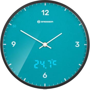Reloj de pared silencioso Bresser Mytime LEDSEC Azul Cielo con indicador de temperatura en pantalla LED, diámetro de 24 cm