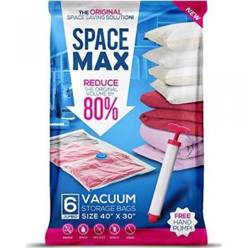 SPACE MAX - Bolsas de almacenaje en vacío Premium - 80 % más de compresión Que Otras - Bomba Manual para Viajes incluida - Jumbo - Pack de 6