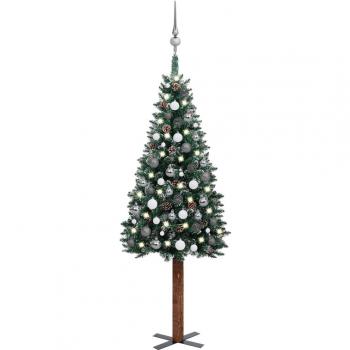 Árbol de Navidad Artificial Delgado con Iluminación LED y Adornos de Bolas Verde 150 cm