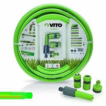 KIT MANGUERA DE JARDÍN PVC REFORZADO 10M DIÁMETRO 15MM CON LANZA MULTICHORRO + 2 RACORES + NARIZ DE GRIFO