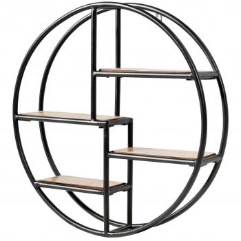 Estante Redondo Montado a la Pared con 4 Niveles de Madera y Metal para Dormitorio, Salón, Cocina y Oficina - Negro - 55 x 55 x 11 cm