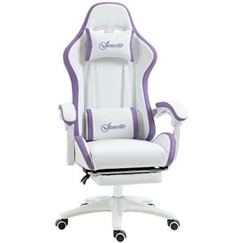 Silla Gaming Ergonómica Vinsetto de Cuero PU, Reclinable 135°, Soporte Lumbar, Altura Ajustable, Reposacabezas y Reposapiés Retráctil, Blanco y Violeta