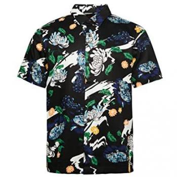 Camisa Hawaiana Vintage Superdry Negra para Hombre, Manga Corta, Estampado Floral, Talla S