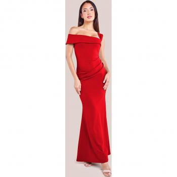 Goddiva Off The Shoulder Pleated Waist Maxi Dress - Red; Goddiva Sustainable Floral Print Midi Wrap Dress With Butterfly Sleeves - Peach