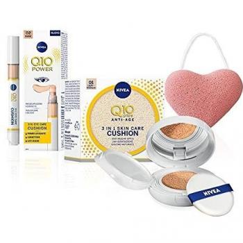 Nivea Q10 Plus Antiarrugas Skin Care Cushion - Crema de color antiedad 3 en 1 y Eye Care Cushion - Corrector para ojeras, de regalo la esponja Konjac para la limpieza y la detección del rostro