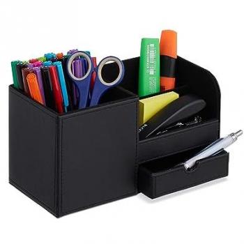Organizador de Escritorio Negro con 3 Compartimentos y Cajón, Portalápices, 12 x 22,5 x 11 cm - Relaxdays