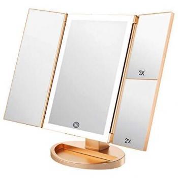 Espejo para maquillarse, 1x / 2X / 3X Magnificación Trifold con 36 Luces LED Pantalla táctil y Carga USB, Soporte Ajustable de 180 Grados para encimera Espejo cosmético de Maquillaje