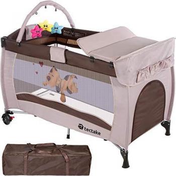 Cuna de viaje Tectake con cambiador 132 x 75 x 104 cm, ajustable en altura, incluye bolsa de transporte, color rosa con dibujos de perritos y corazones