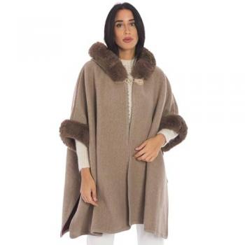 Camel Faux Fur Hooded Poncho Twinset