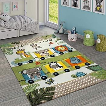 Alfombra Infantil Pelo Corto Selva Tren Verde 140x200 cm Efecto 3-D Animales Locomotora Paco Home