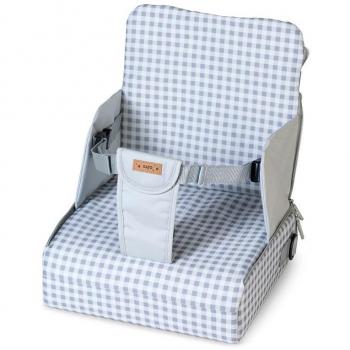 Trona portátil de viaje, asiento elevador, color gris, marca Saro, diseño Vichy celeste