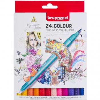 Rotuladores Bruynzeel Doble Punta 24 Colores - Estuche de Rotuladores con Punta Fina y Pincel