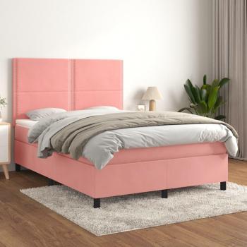 Cama box spring de muelles con colchón en terciopelo rosa 140x190 cm