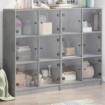 Librería de hormigón gris 136x37x109 cm con puertas de madera multicapa y madera de ingeniería