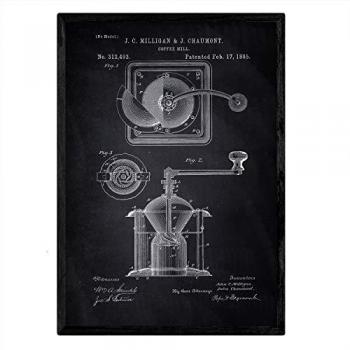 Póster con Diseño de Patente Antigua de Molinillo de Café en Fondo Azul y Negro, Tamaño A3 y A4 con Marco
