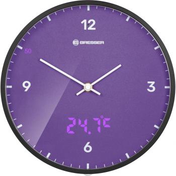Reloj de pared silencioso Bresser Mytime LEDSEC Morado con indicador de temperatura en pantalla, diámetro de 24 cm