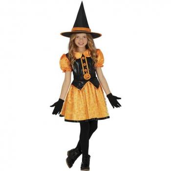 Disfraz de Bruja Brillante Naranja para Niña - Incluye vestido naranja con brillo, sombrero puntiagudo a juego, talla infantil