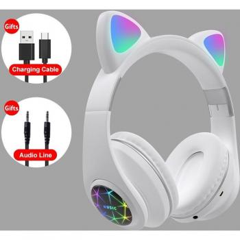Auriculares inalámbricos Bluetooth con forma de gato y LED, estéreo con micrófono para niños