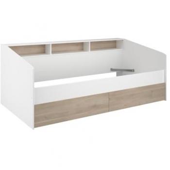 Cama 90 x 190/200 cm con almacenamiento y dos cajones - Blanco y Natural - Modelo PAULETTE