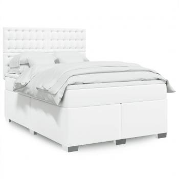 Cama Box Spring con colchón de cuero sintético blanco 140x190 cm