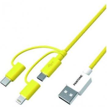 Cable USB 3 en 1 Pantone Amarillo, 1.2 metros, Conectores Tipo A a USB-C/Micro-USB, Modelo PT-USB003Y1