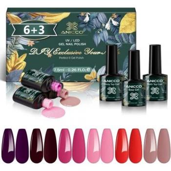 Anicco Esmalte Semipermanente UV LED, 9pcs Kit de Pintauñas Gel Semipermanentes 6 Colores de Otoño Invierno Larga Duración con Base, Glossy y Matte Top Coat, Esmaltes de Uñas