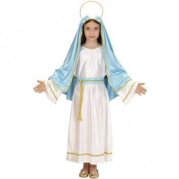 Disfraz de María para niña - 5 a 7 años (128 cm) - Blanco y azul, ideal para Navidad y festivales