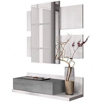 Habitdesign Recibidor con cajón y Espejo, Mueble de Entrada, Modelo Tekkan, Acabado en Blanco Artik y Gris Cemento, Medidas: 75 cm