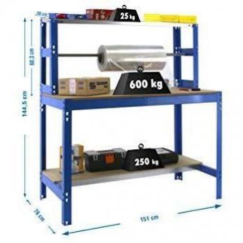 Banco de trabajo BT4 Simonwork Azul/Madera Simonrack 1445x1510x760 mms - Banco de embalaje - mesa logística 600 Kgs de capacidad por estante