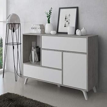 Aparador Wind DUEHOME, estructura de melamina en gris cemento y blanco mate, dimensiones 119,9 cm (ancho) x 85,6 cm (alto) x 39,6 cm (fondo), con