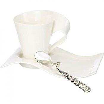 Villeroy & Boch NewWave Set para Capuchino de 6 pz. | Taza de café, Platillo, Cuchara, para 2 Personas, Apto para lavavajillas, Acero Inoxidable, weiß, Juego de 6 Piezas