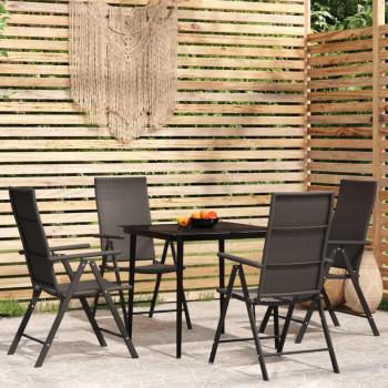 vidaXL 5 Piece Garden Dining Set - Black PE Rattan Chairs with Reclining Settings & Powder-Coated Steel Table with Glass Top