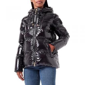 Glossy Black Down Parka Jacket for Women - Size 40