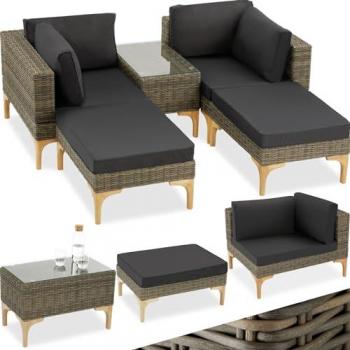 Conjunto de ratán con estructura de aluminio Bellaria, incluye 2 sillones, 2 taburetes y 1 mesa con cristal, hecho de poli ratán sintético resistente a los rayos UVA, con grueso acolchado y