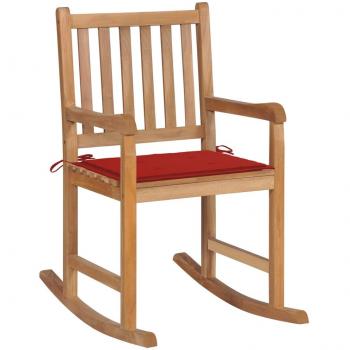 Silla mecedora de madera maciza de teca con cojín rojo