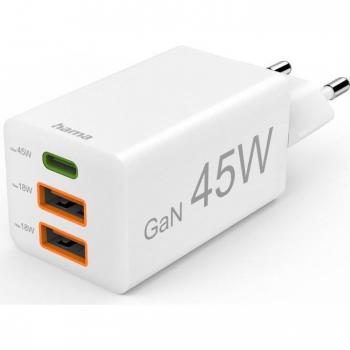 Cargador Rápido Hama GaN 45W, 1x USB-C PD, 2x USB-A QC, Mini Cargador Blanco