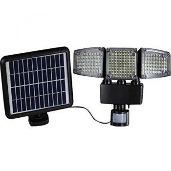 Foco solar de 3 cabezas con panel solar, iluminación potente, color negro, altura H23cm, LED blanco, control remoto y detector de movimiento giratorio
