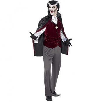 Smiffys Disfraz de Vampiro, Negro, pantalón, Camisa con chaleqillo Falso, Capa con Medal
