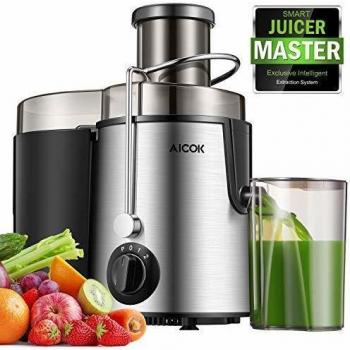 Aicok Licuadoras Para Verduras y Frutas Acero Inoxidable, 3 Velocidades Licuadora Prensado Frio Extractor de Zumos Boca Ancha de 65mm, Extractor de Jugos Libre de BPA, con Base Antideslizante